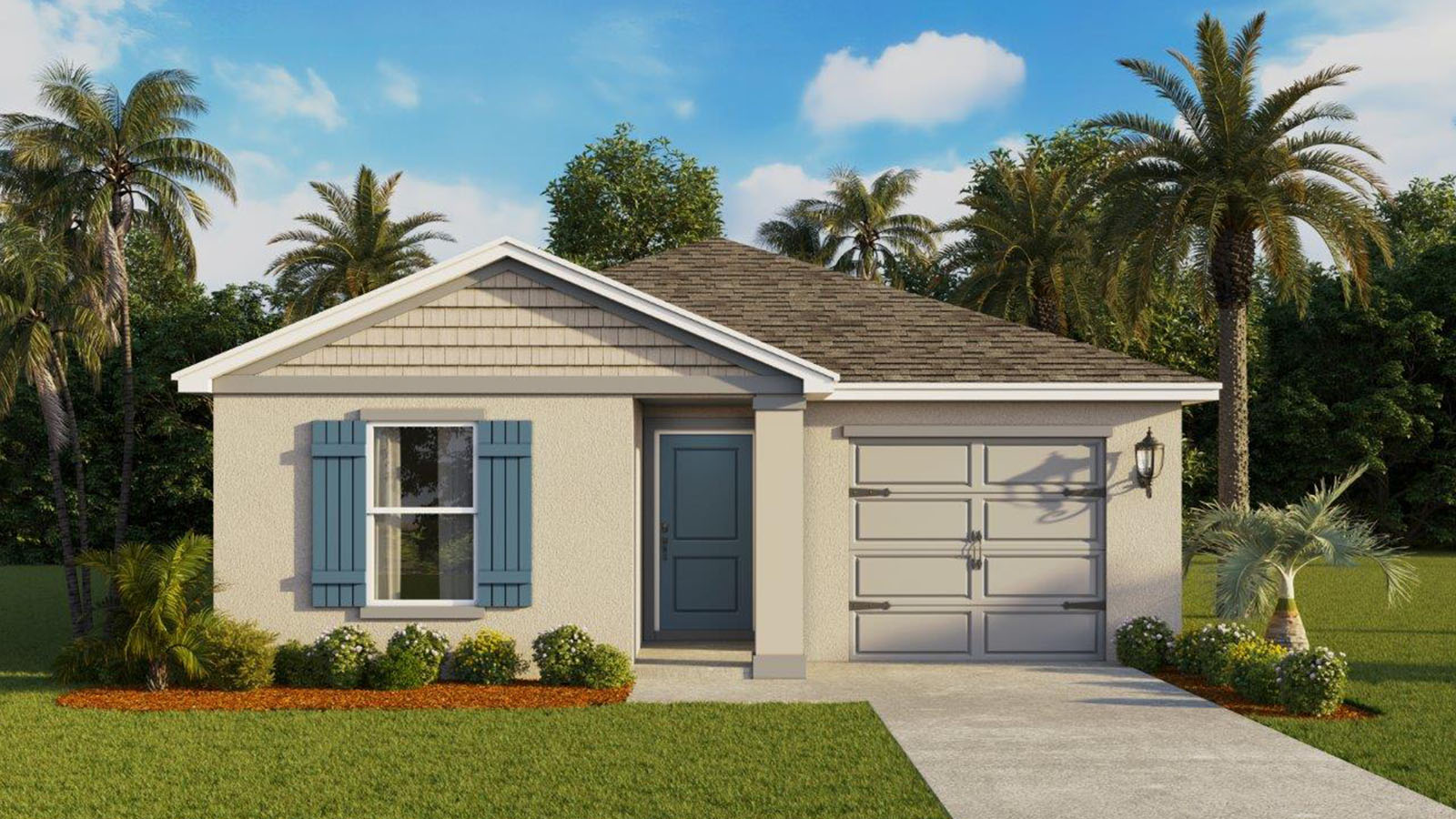 Rendering of One-story home exterior with one car garage with white exterior