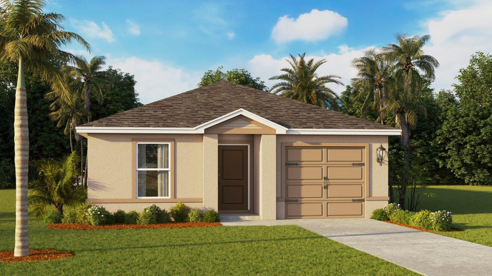 Rendering of a one story home exterior with a one car garage