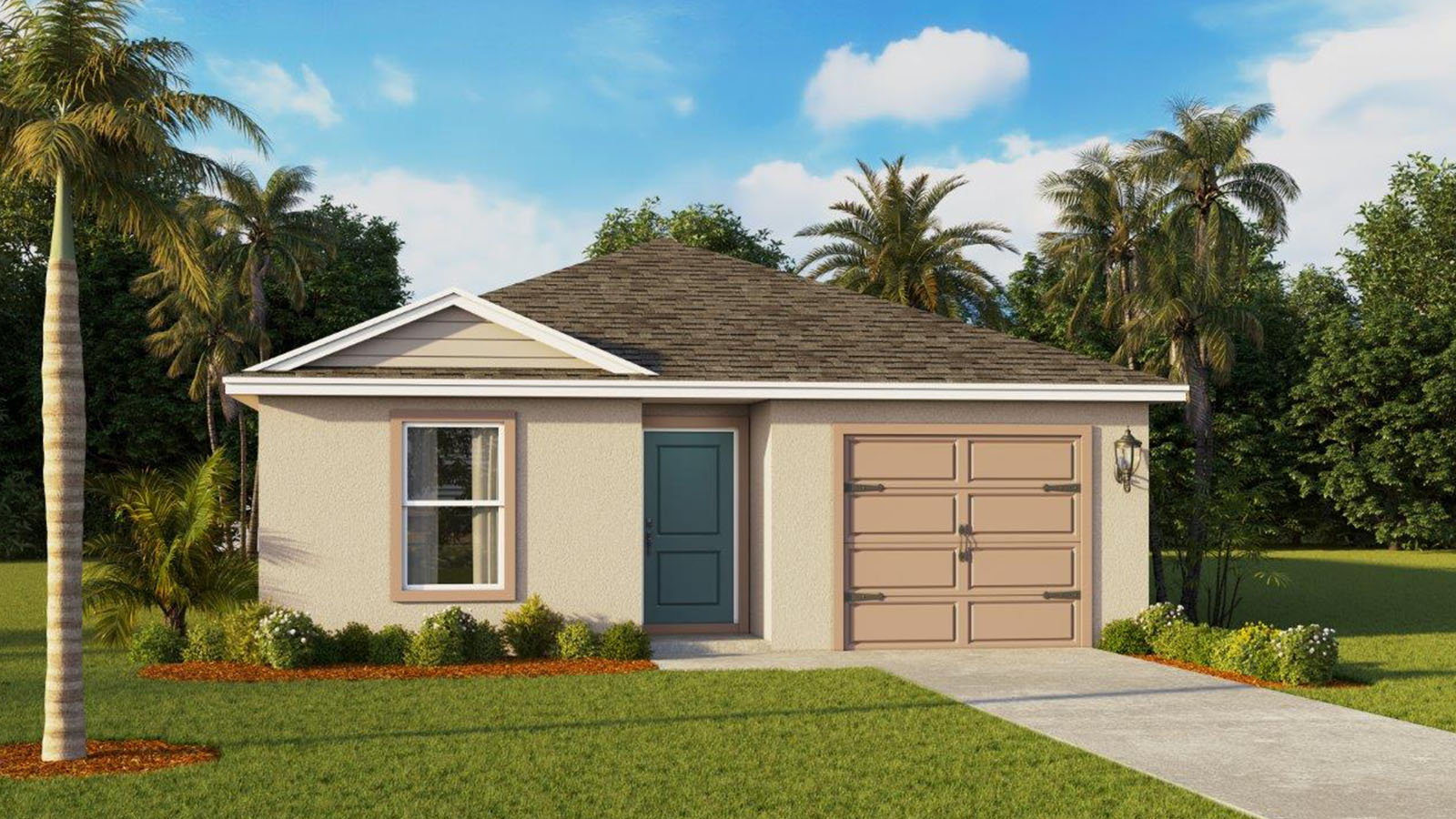 Rendering of a one story home exterior with a one car garage
