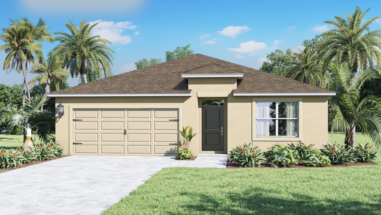Rendering of One-story home exterior with 2 car garage with stone