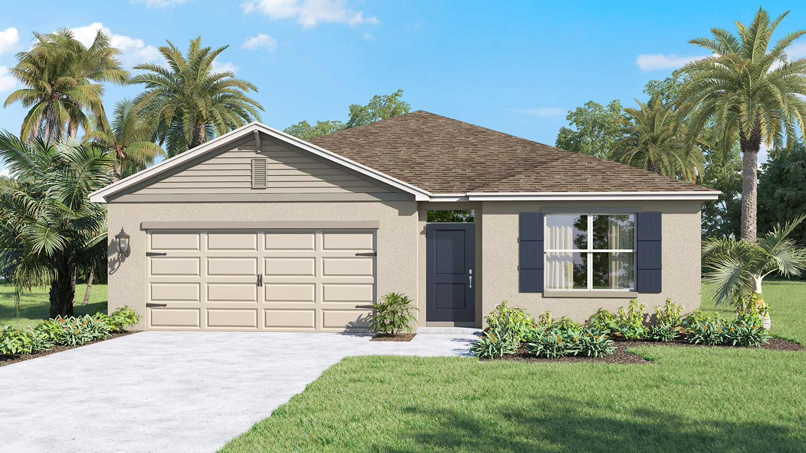 Rendering of One-story home exterior with 2 car garage with stone