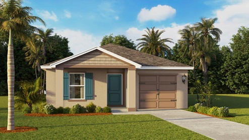 Rendering of a one story home with a one car garage and a front patio