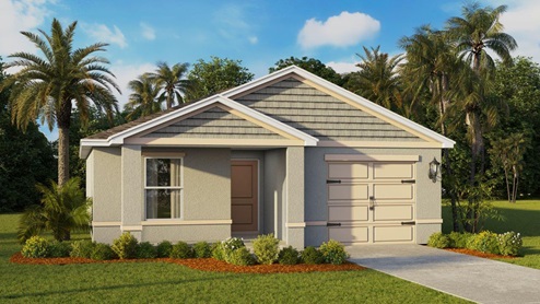 Rendering of a one story home with a one car garage and a front patio