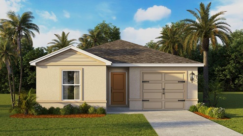 Rendering of a one story home with a one car garage