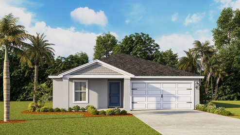 Rendering of one-story home with two car garage and front patio
