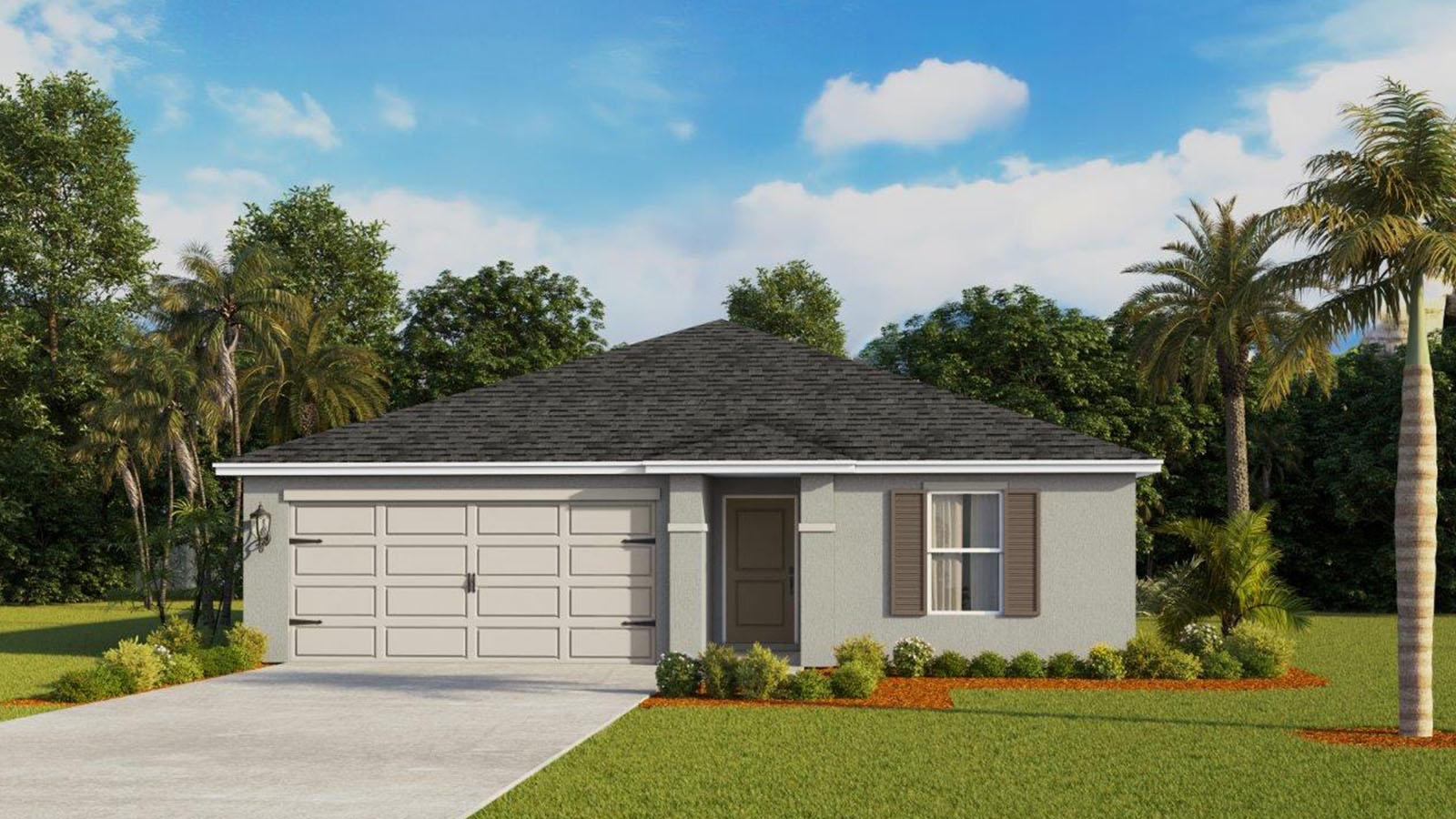 Rendering of a one story home with a light color exterior with brown shutters