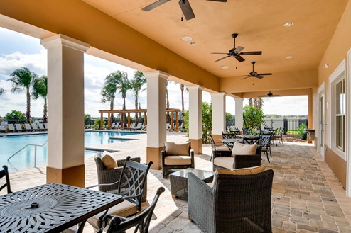 covered patio on the back on the clubhouse facing the pool