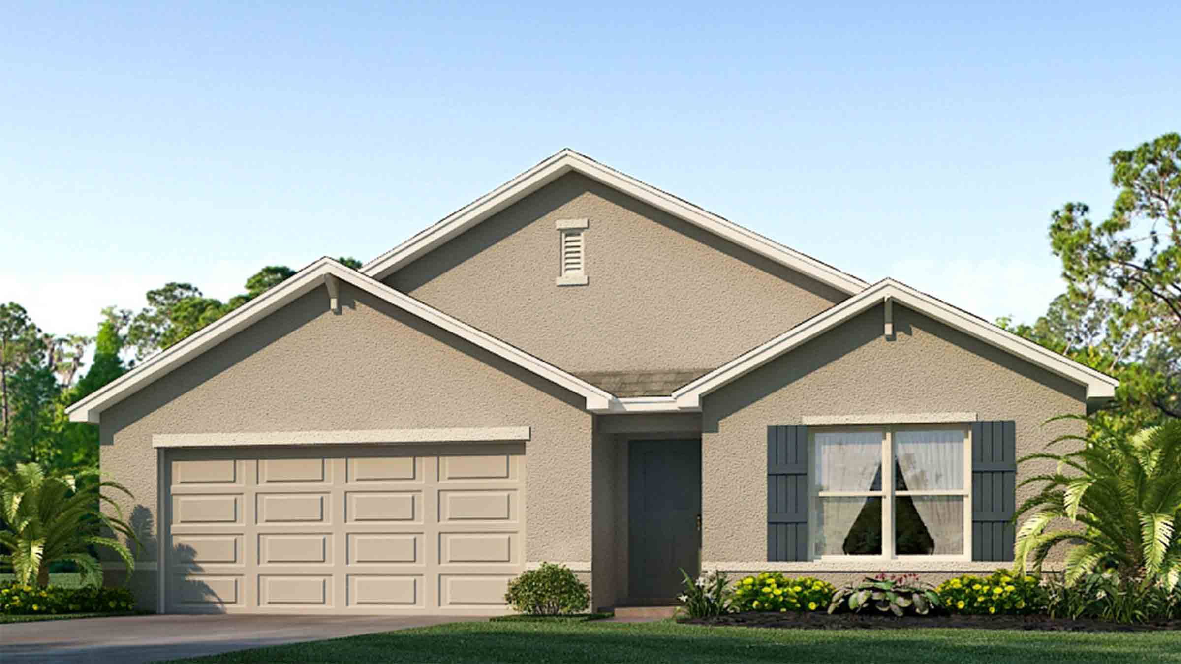 Single story new home with stucco, covered porch and 2 car garage.