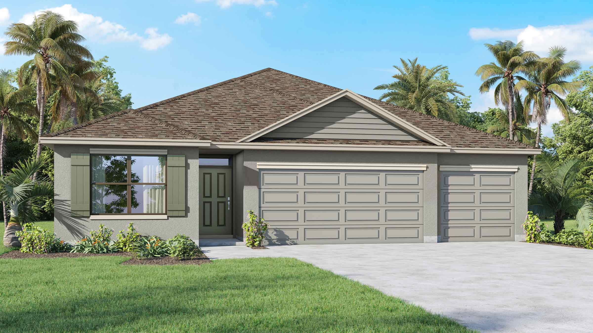 Two story new home with driveway, large windows, and grassy front yard.