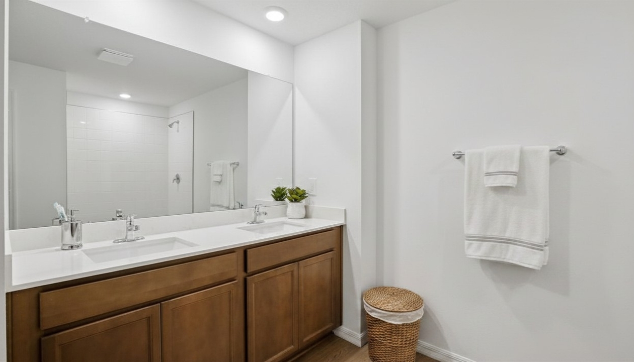 Modern bathroom with double vanity sinks, large wall mirror, cabinets and quartz countertops.