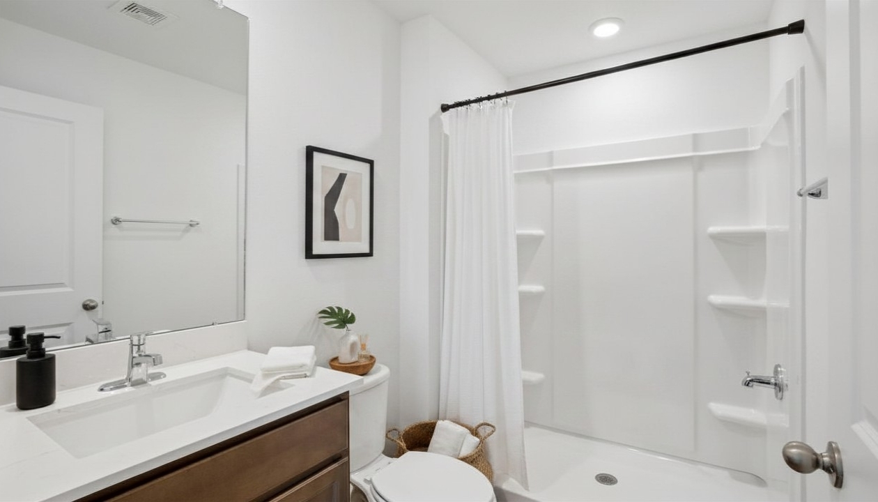 Modern bathroom with single bowl sink, quartz vanity, wall mirror, cabinets and toilet.