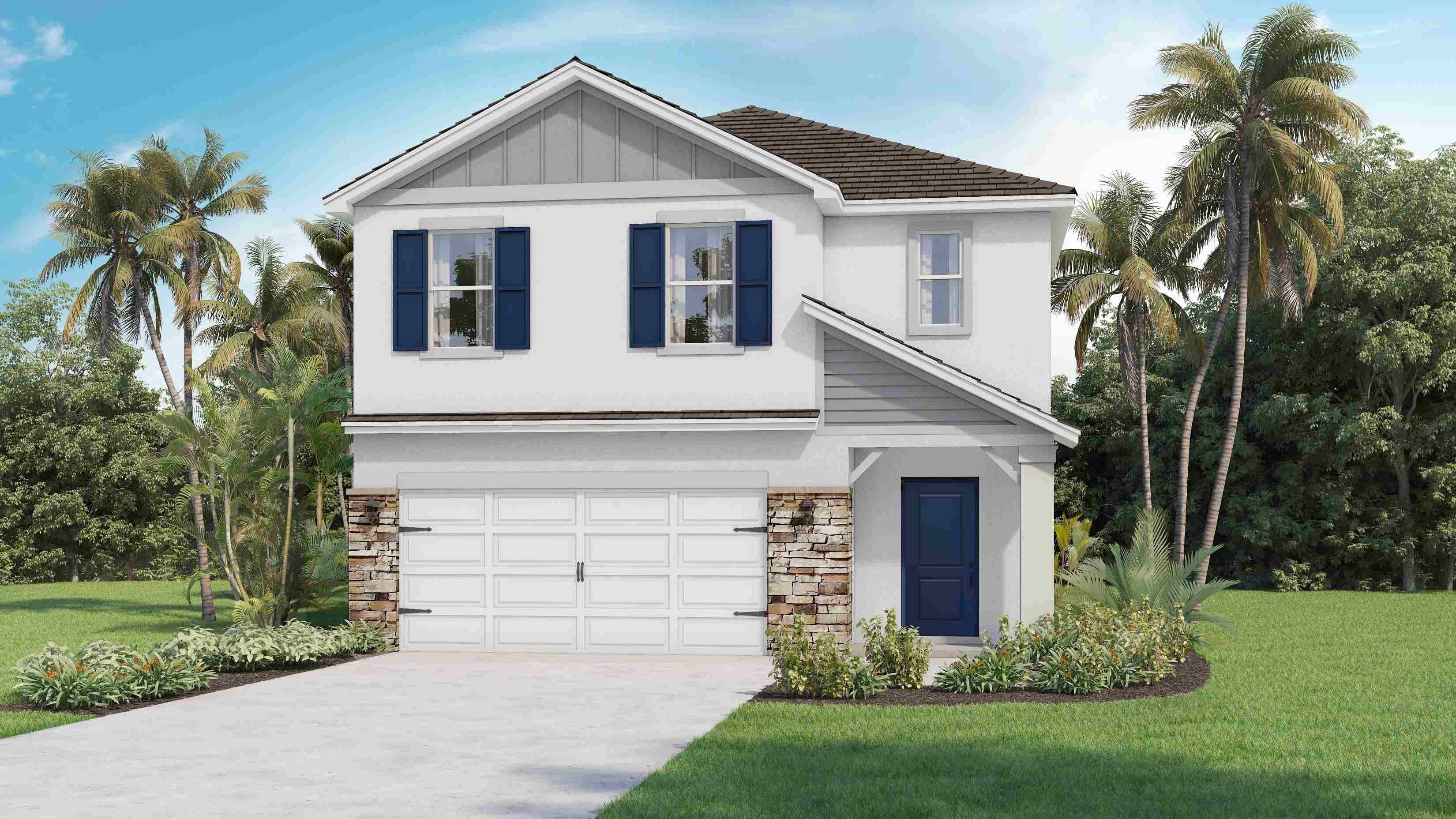 Two-story new home with stucco, covered porch and 2 car garage.