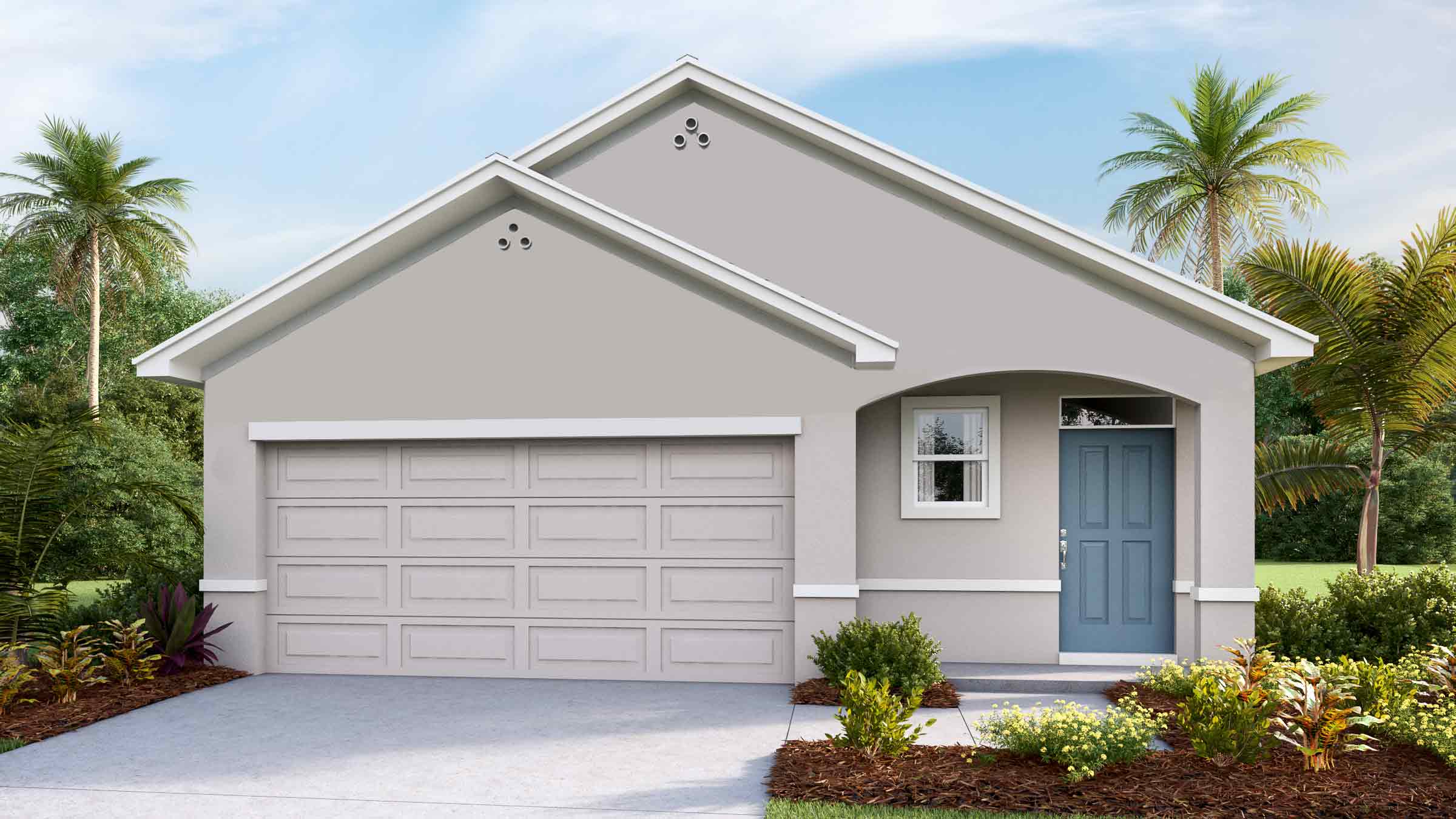 Single story new home with stucco, covered porch and 2 car garage.