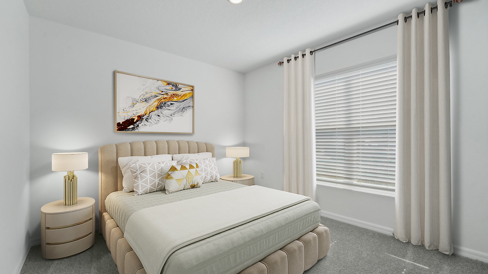 Guest bedroom with bed, nightstands and a roomy closet for storage.