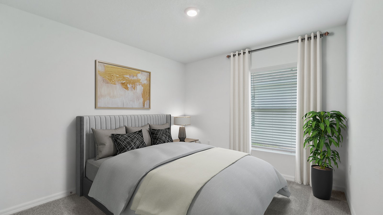 Guest bedroom with bed, nightstands and a roomy closet for storage.