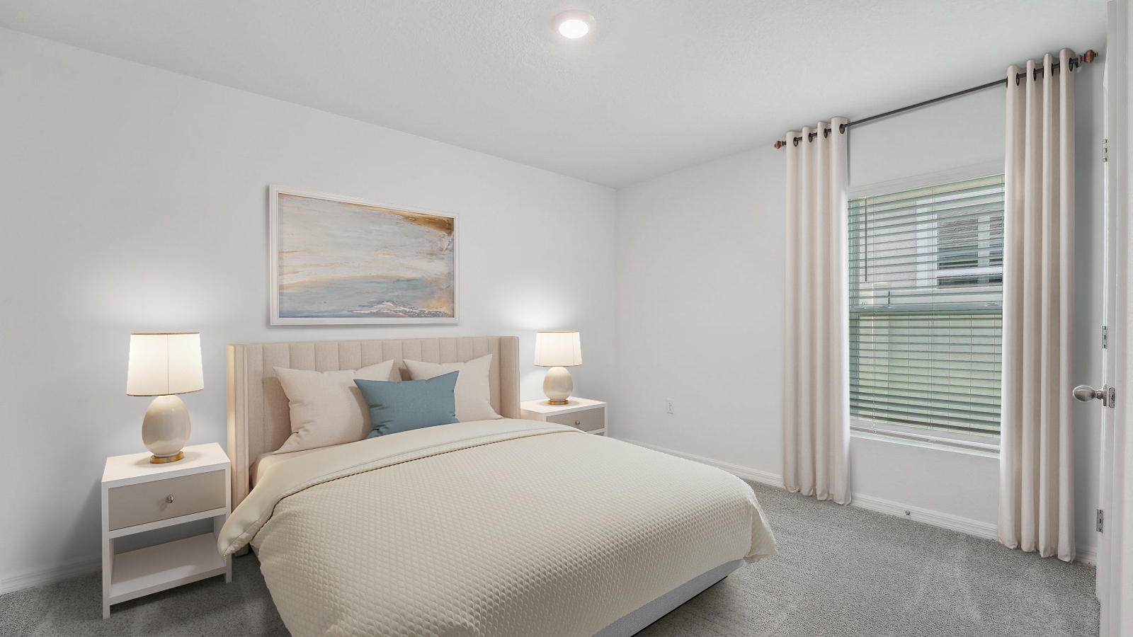 Guest bedroom with bed, nightstands and a roomy closet for storage.