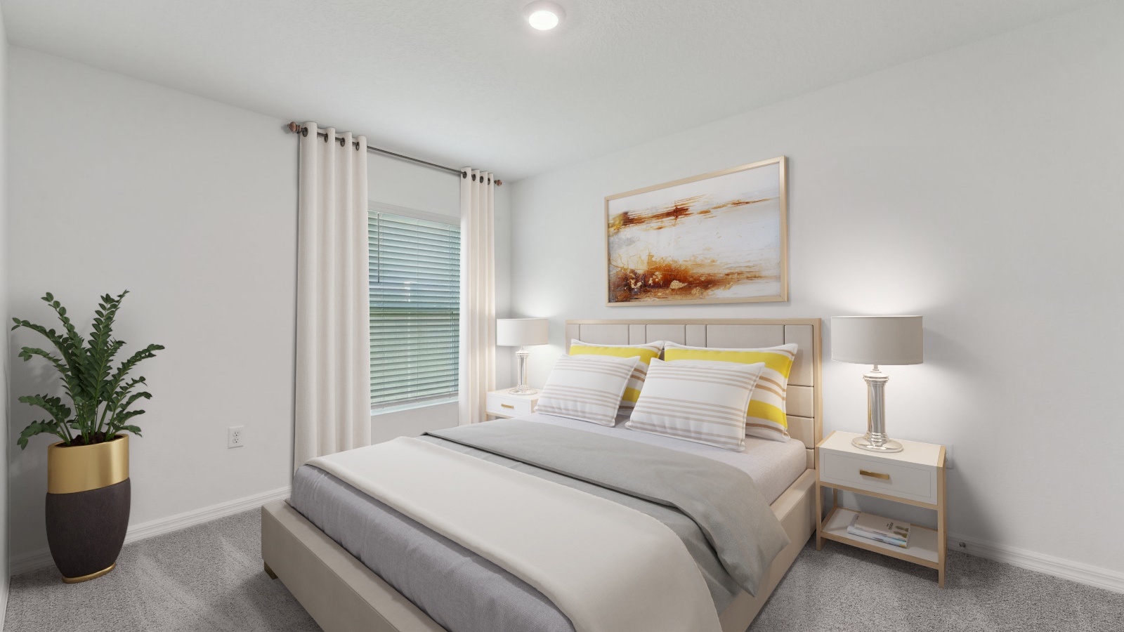Spacious primary bedroom with king size bed, carpet flooring, natural lighting and a walk in closet.