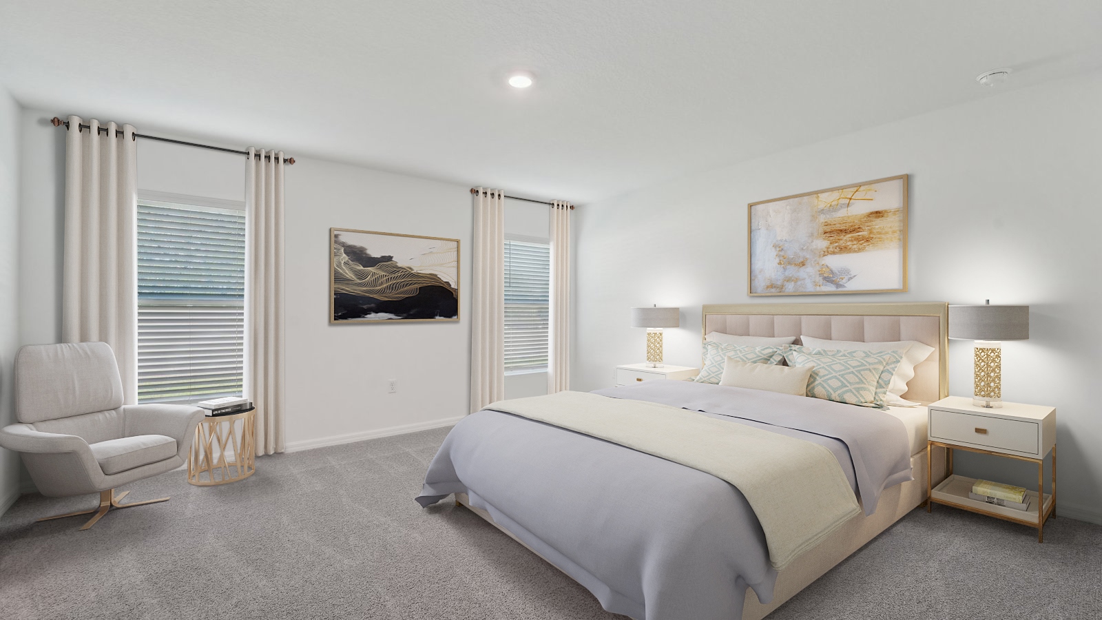 Spacious primary bedroom with king size bed, carpet flooring, natural lighting and a walk in closet.