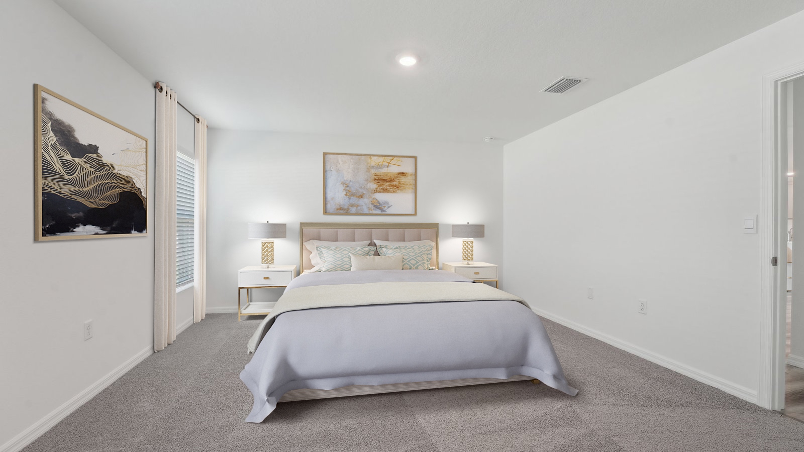 Spacious primary bedroom with king size bed, carpet flooring, natural lighting and a walk in closet.