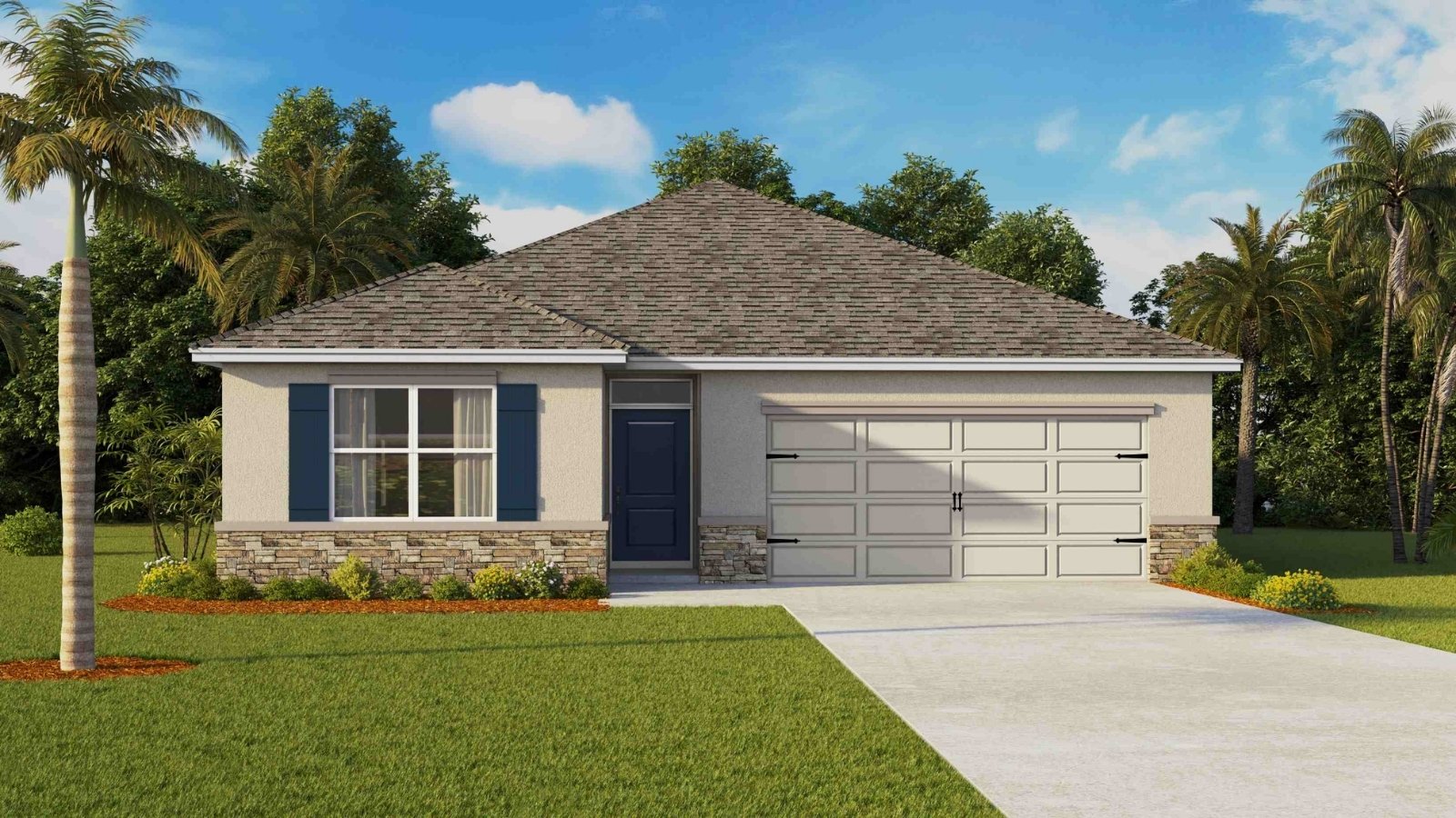 Single story new home with stucco, covered porch and 2 car garage.