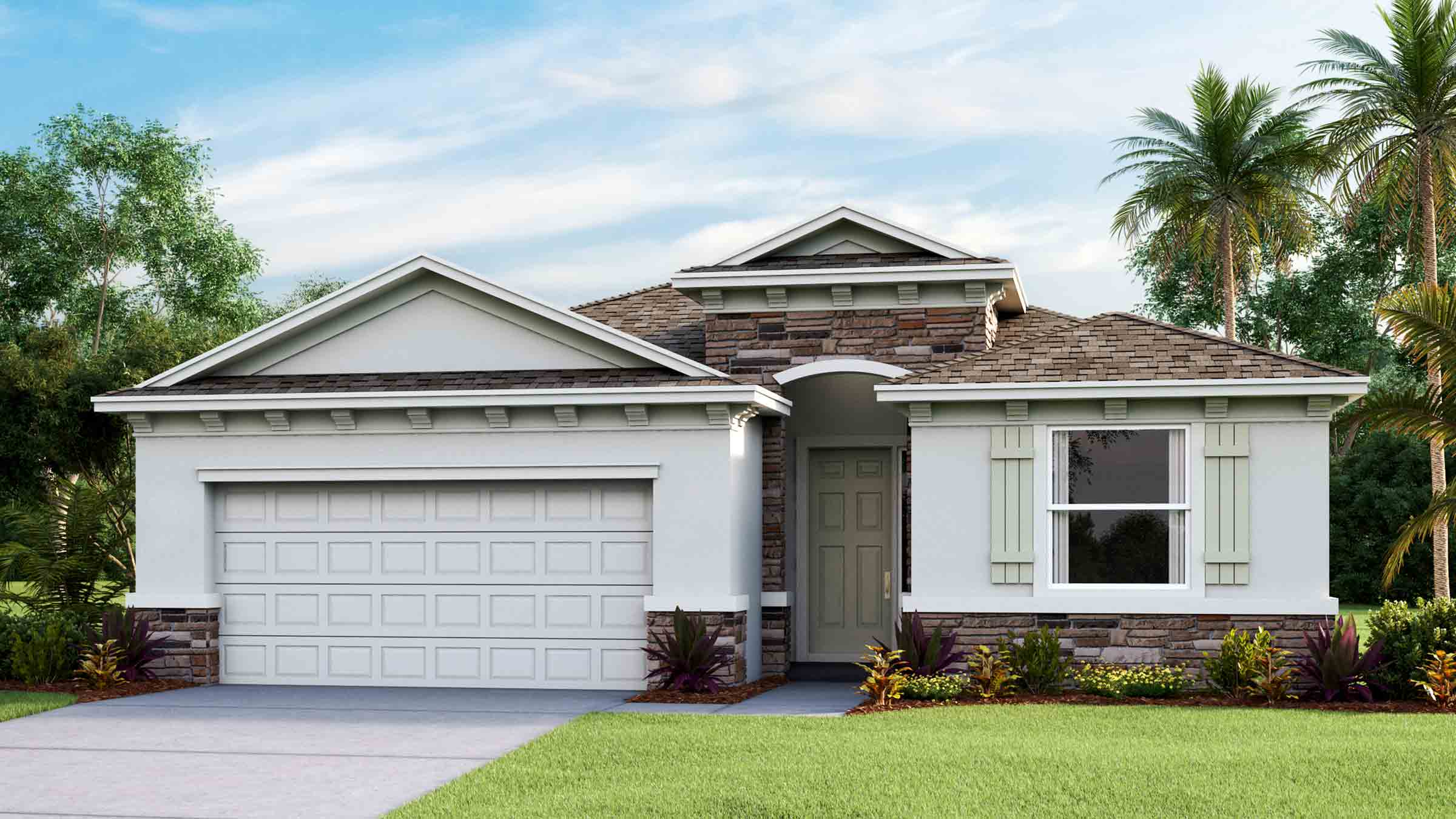Single story new home with stucco, covered porch and 2 car garage.