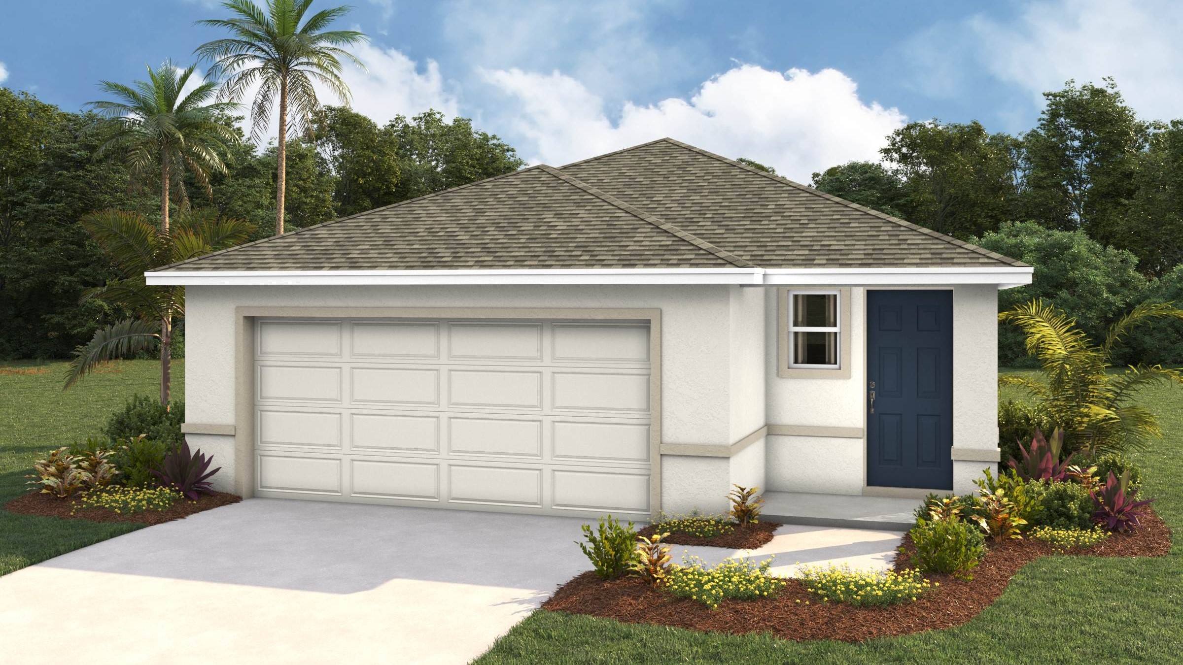 Single story new home with stucco, covered porch and 2 car garage.