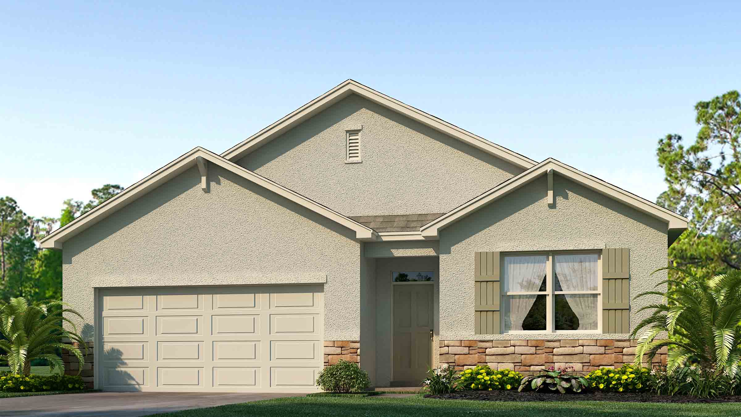 Single story new home with stucco, covered porch and 2 car garage.