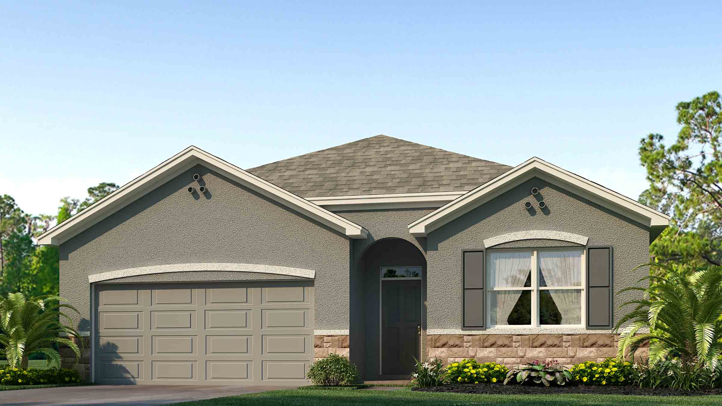 Single story new home with stucco, covered porch and 2 car garage.