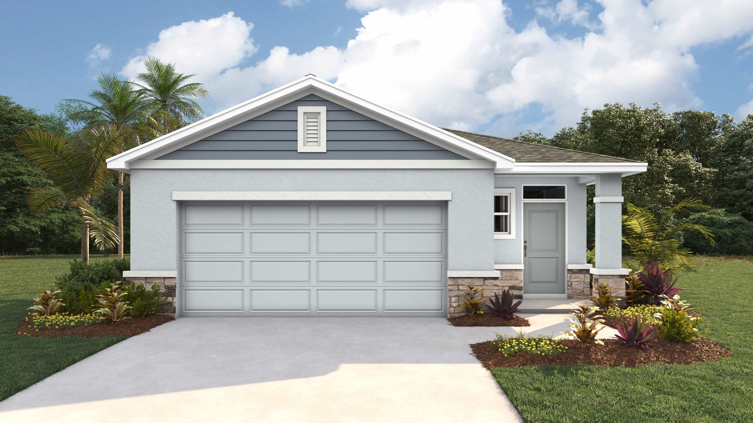 Single story new home with stucco, covered porch and 2 car garage.