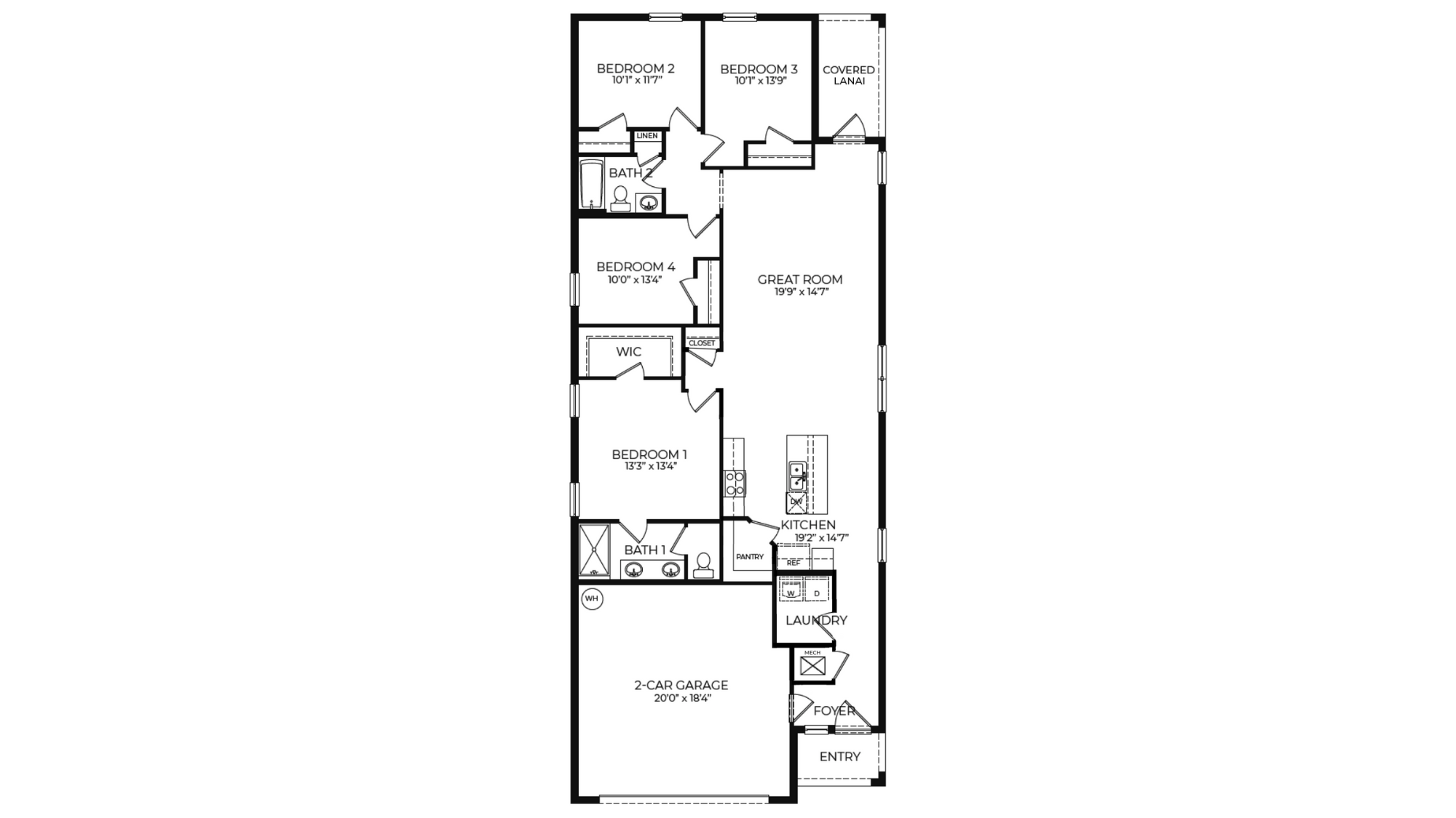 Black and white floor plan for the Harper. It shows the 4 bedroom, 2 bathroom, 2-car garage configuration providing you with 1,665 square feet of space.
