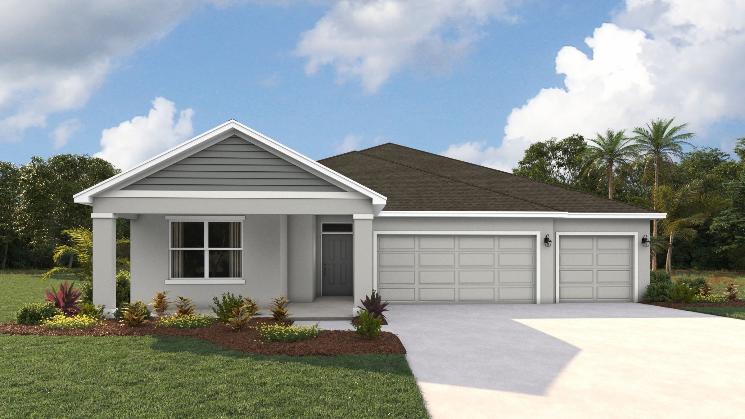 Rendering of the Covington floorplan elevation L. Shows the front of the home's exterior.