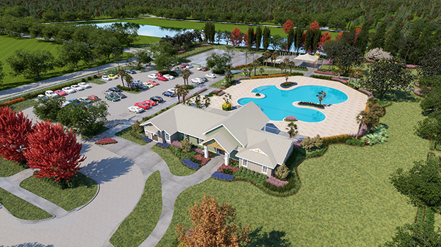 Aerial view of amenity center and pool at legacy preserve.