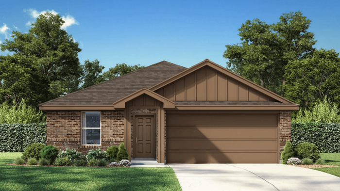 Single- story home with brick, stone, covered patio and two car garage