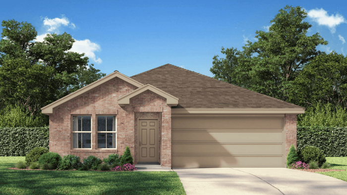 Single story home with brick, covered patio and two car garage