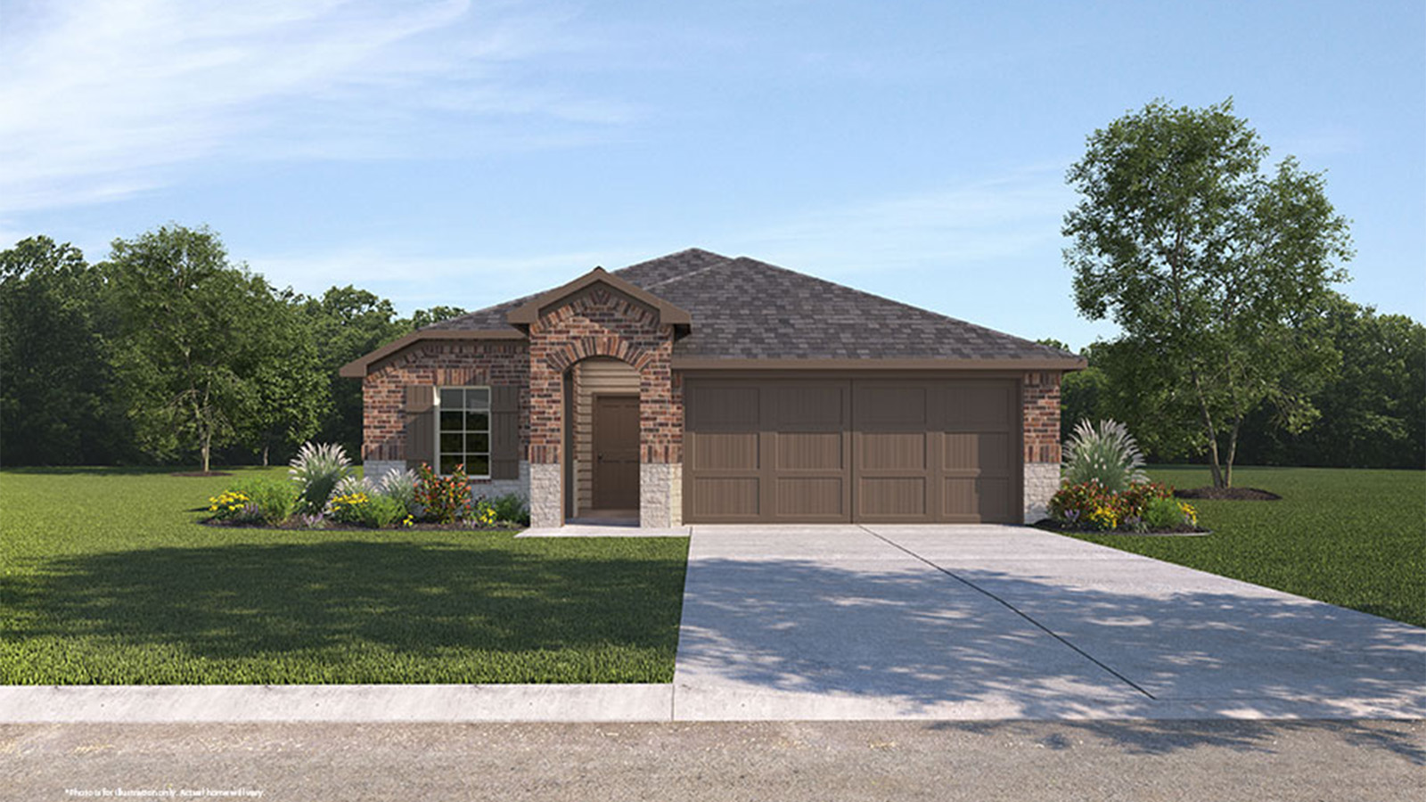 Exterior rendering of single story modern brick style home