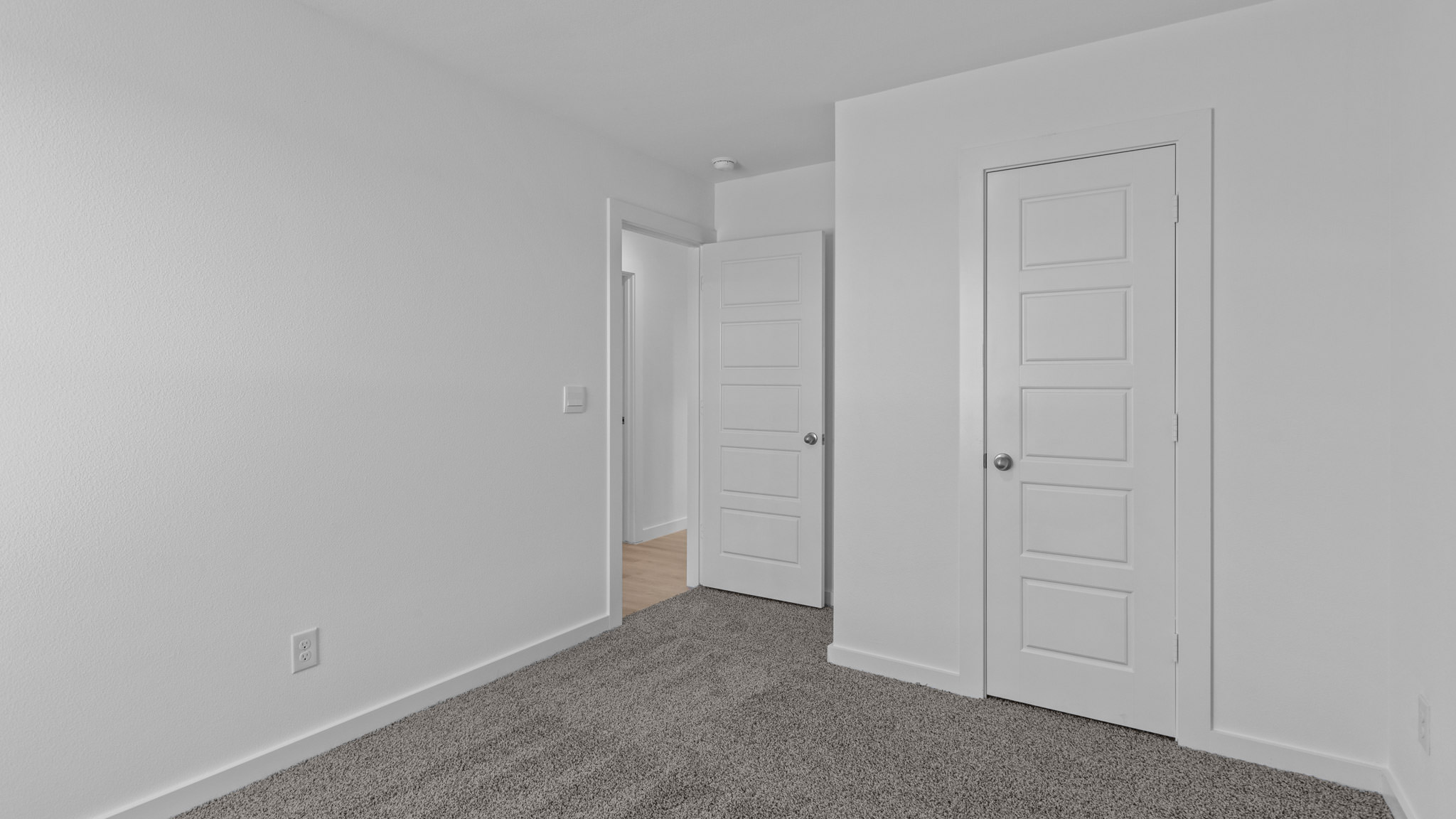 Guest bedroom with plush carpet, spacious closet and white interior