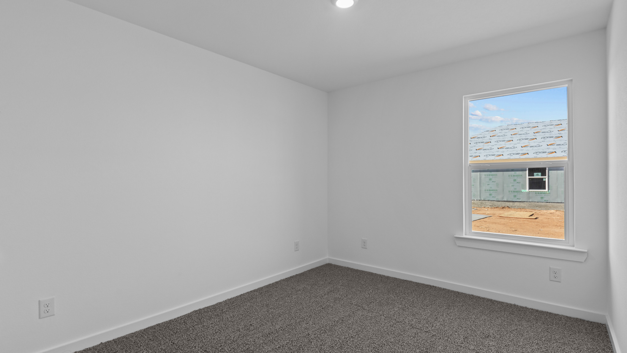 Guest bedroom with plush carpet, window and white interior