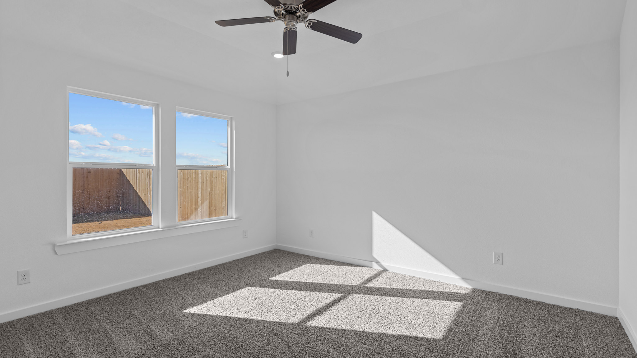 Primary bedroom with plush carpet and windows overlooking backyard