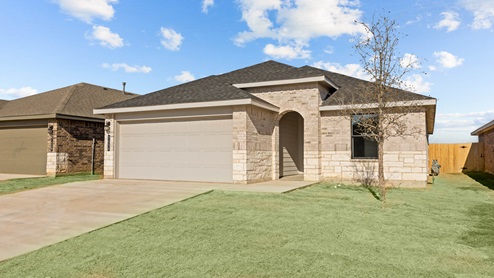 Single- story home with brick, stone, covered patio and two car garage