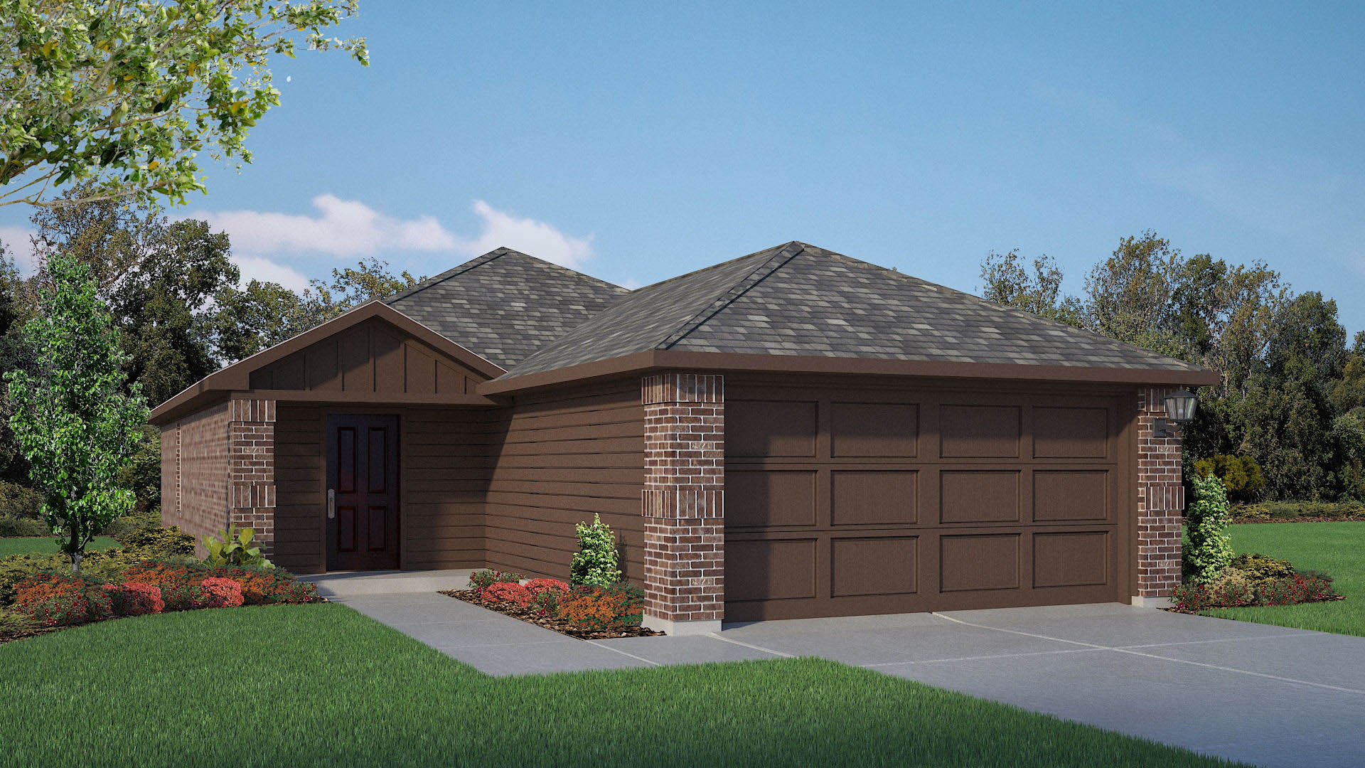 Exterior rendering of single story modern brick style home
