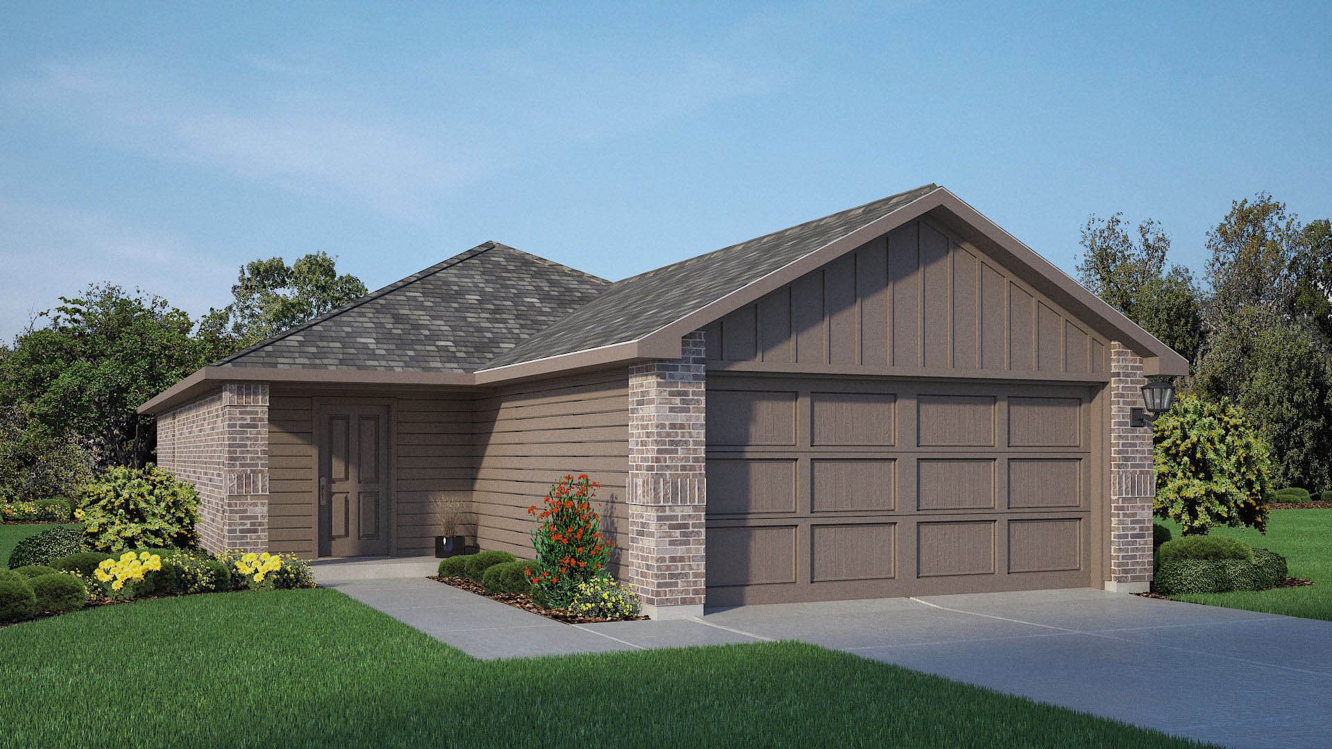 Exterior rendering of single story modern brick style home
