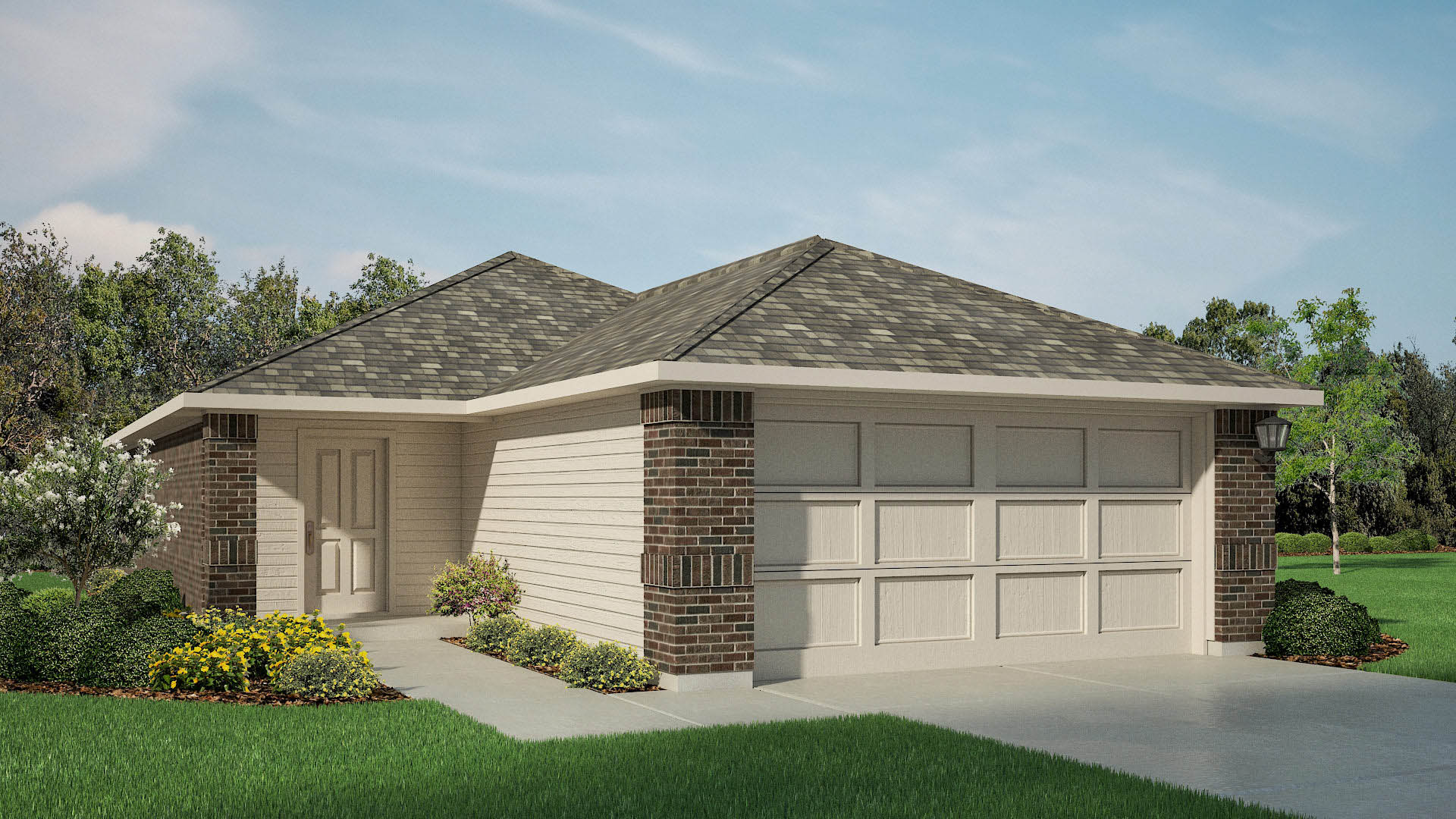 Exterior rendering of single story modern brick style home