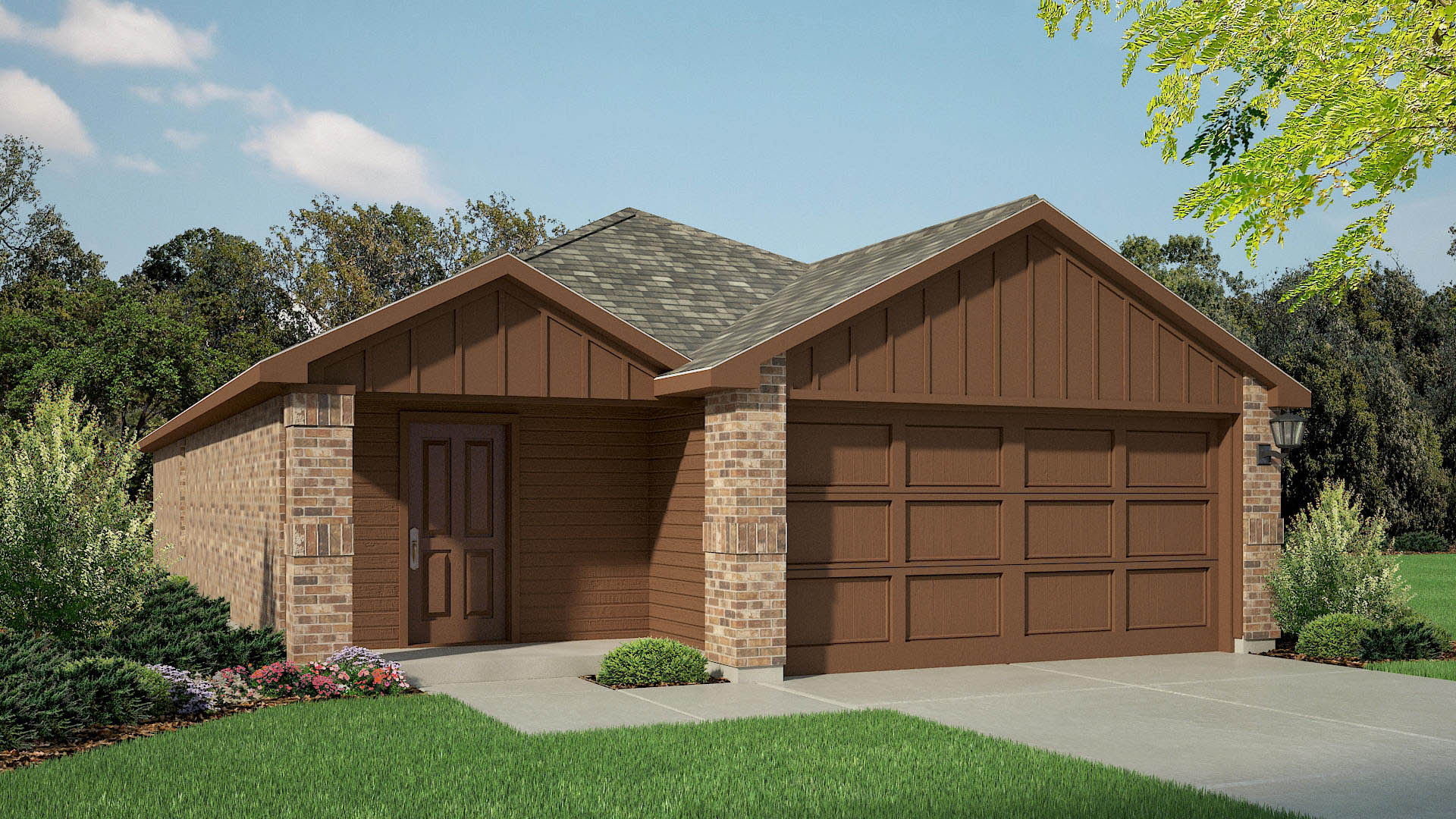 Exterior rendering of single story modern brick style home