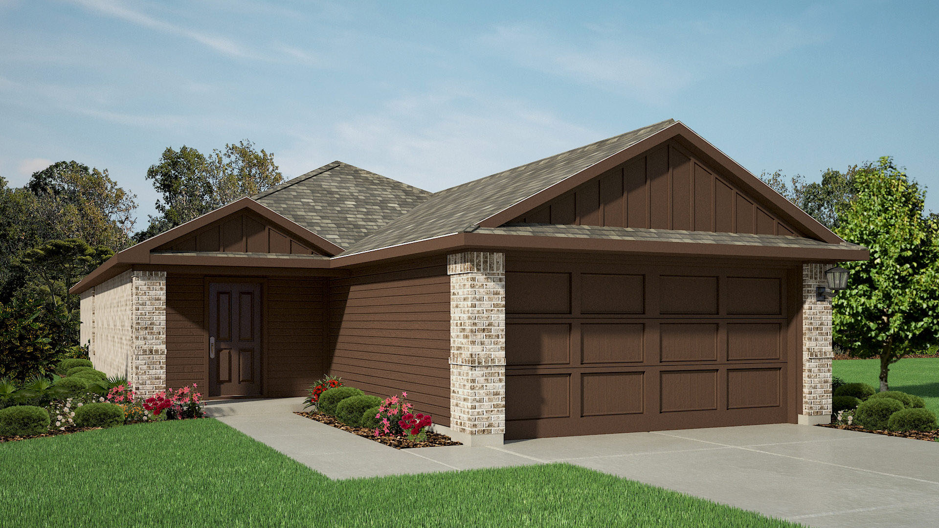 Exterior rendering of single story modern brick style home
