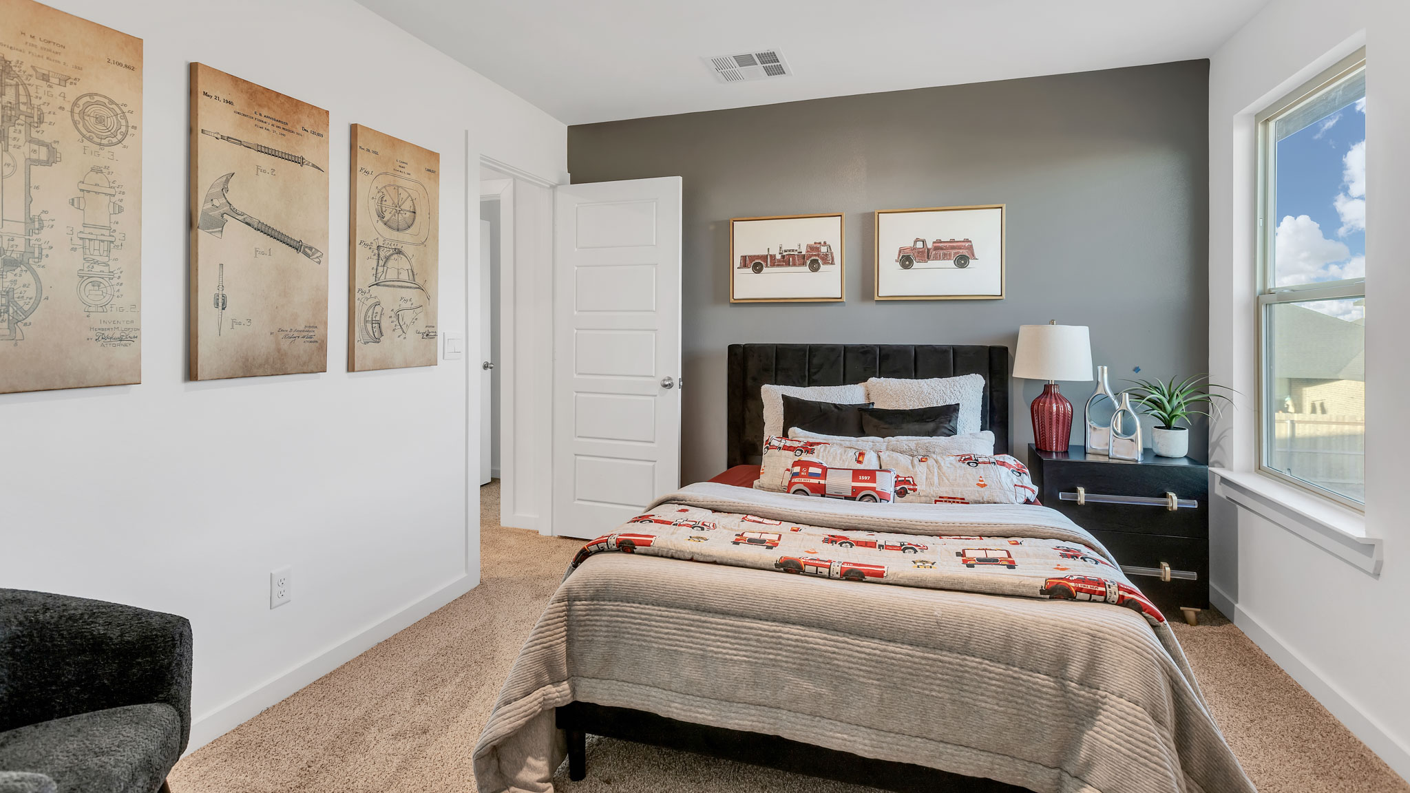 Upstairs Guest room 3 with side window and plush carpet floors