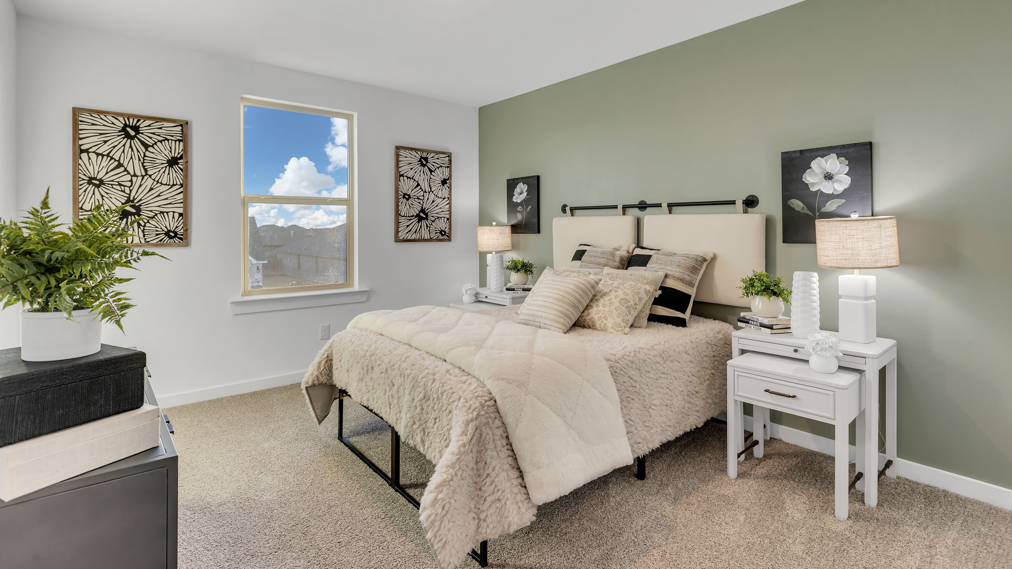 Upstairs Guest room 2 with side window and plush carpet floors