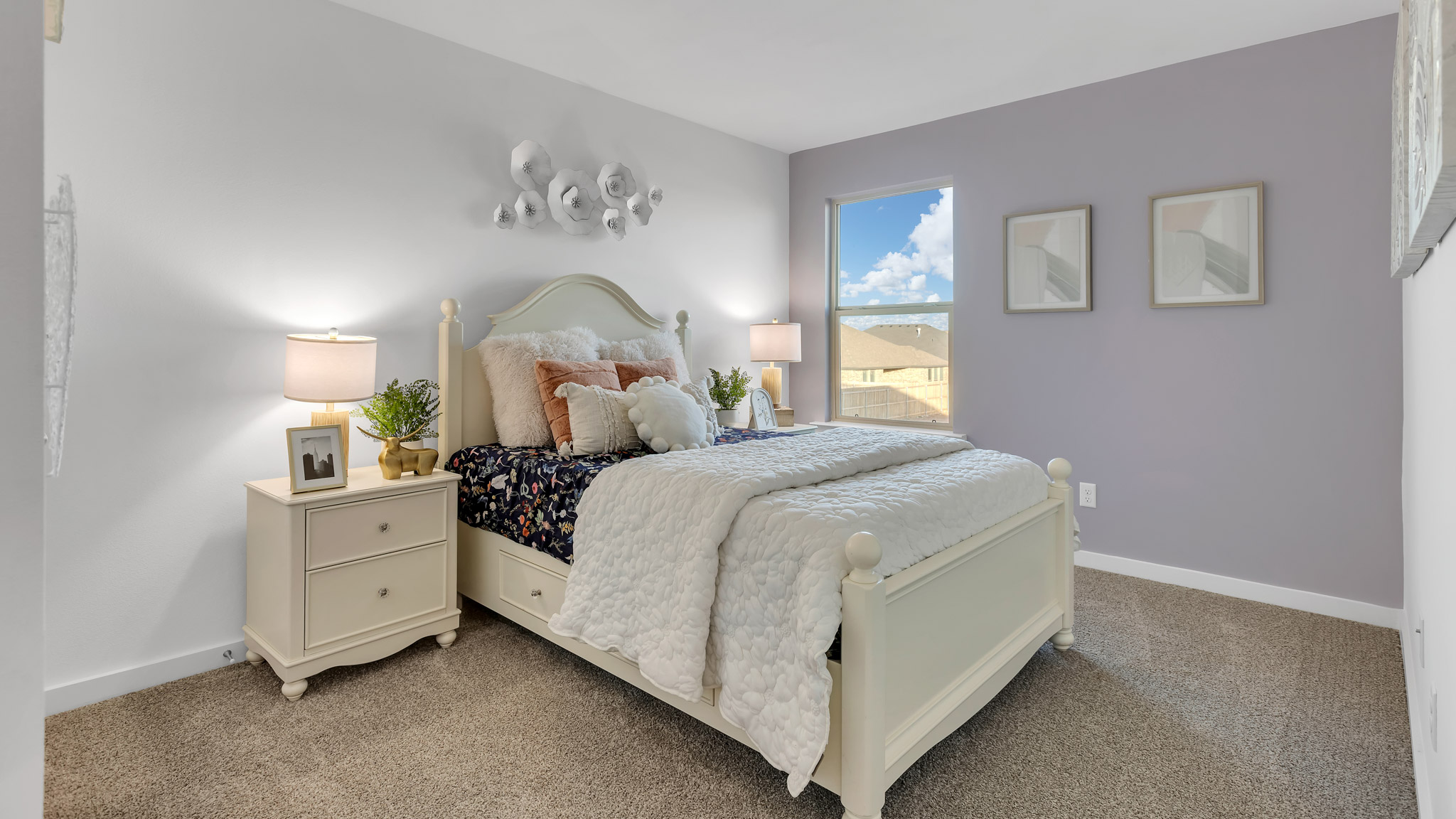Upstairs Guest room 1 with side window and plush carpet floors