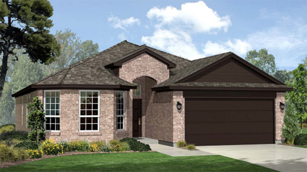 Single story home with brick, covered patio and two car garage