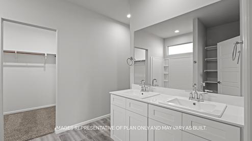 primary bathroom with single sink, vanity and attached closet
