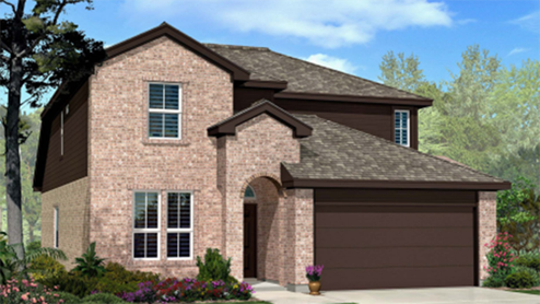 Single story home with brick, covered patio and two car garage